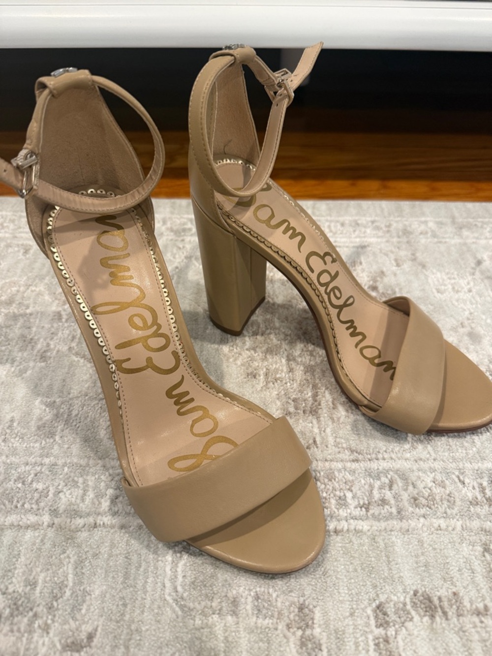 Sam Edelman Beige Ankle-Strap Block Heel Sandals